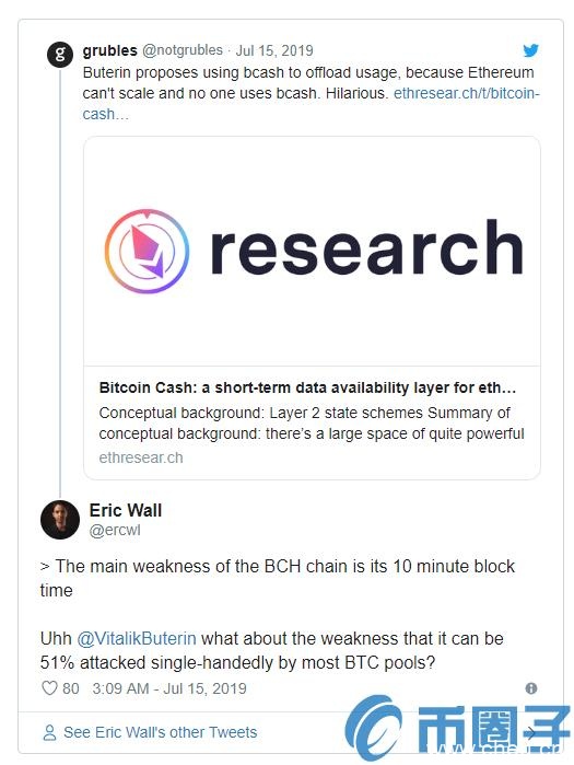 V神（Vitalik Buterin）建议使用比特币现金作为以太坊的数据层